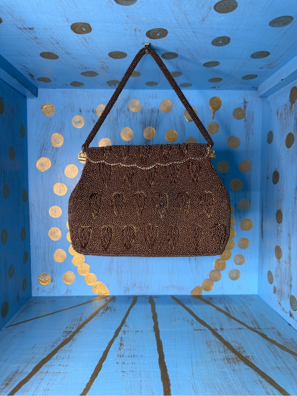 Vintage Beaded Evening Shoulder Bag in Brown